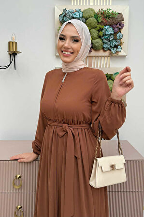 Fermuarlı Kol Manşetleri Lastikli Fırfırlı Elbise 6001 Taba