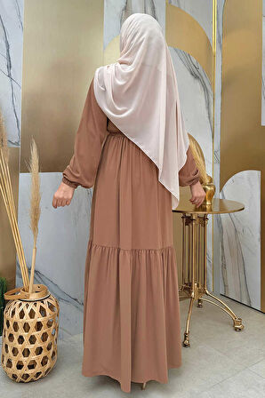 Fermuarlı Kol Manşetleri Lastikli Fırfırlı Elbise 6001 Vizon