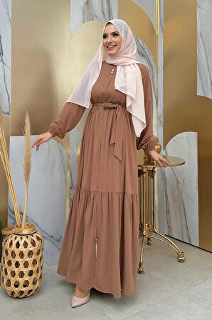 Fermuarlı Kol Manşetleri Lastikli Fırfırlı Elbise 6001 Vizon