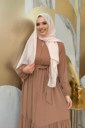 Fermuarlı Kol Manşetleri Lastikli Fırfırlı Elbise 6001 Vizon