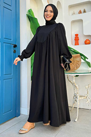 Kol Manşetleri Büzgülü Elbise 6004 Siyah