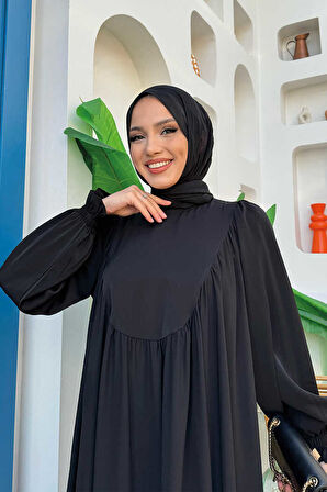 Kol Manşetleri Büzgülü Elbise 6004 Siyah