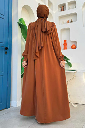 Kol Manşetleri Büzgülü Elbise 6004 Taba