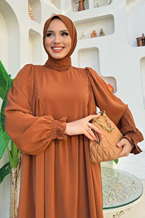 Kol Manşetleri Büzgülü Elbise 6004 Taba