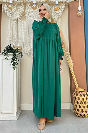 Kol Manşetleri Büzgülü Elbise 6004 Zümrüt
