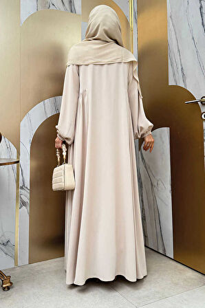 Oval Büzgülü Kol Manşetleri Lastikli Fermuarlı Tam Boy Ferace 6005 Bej