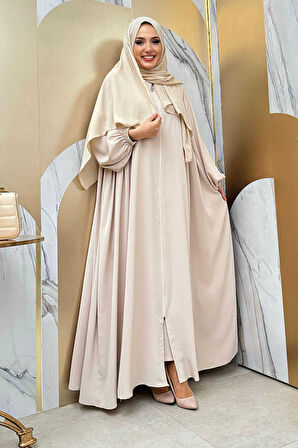 Oval Büzgülü Kol Manşetleri Lastikli Fermuarlı Tam Boy Ferace 6005 Bej