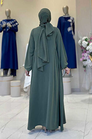 Oval Büzgülü Kol Manşetleri Lastikli Fermuarlı Tam Boy Ferace 6005 Haki