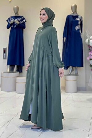 Oval Büzgülü Kol Manşetleri Lastikli Fermuarlı Tam Boy Ferace 6005 Haki