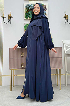 Oval Büzgülü Kol Manşetleri Lastikli Fermuarlı Tam Boy Ferace 6005 Lacivert