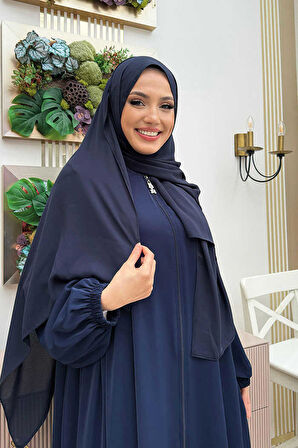 Oval Büzgülü Kol Manşetleri Lastikli Fermuarlı Tam Boy Ferace 6005 Lacivert