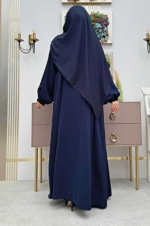 Oval Büzgülü Kol Manşetleri Lastikli Fermuarlı Tam Boy Ferace 6005 Lacivert