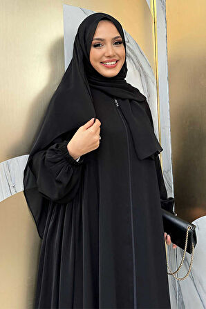 Oval Büzgülü Kol Manşetleri Lastikli Fermuarlı Tam Boy Ferace 6005 Siyah