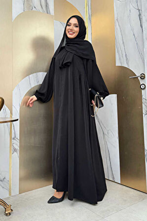 Oval Büzgülü Kol Manşetleri Lastikli Fermuarlı Tam Boy Ferace 6005 Siyah