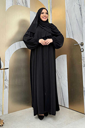 Oval Büzgülü Kol Manşetleri Lastikli Fermuarlı Tam Boy Ferace 6005 Siyah