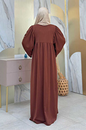 Kol Büzgü Detay Fermuarlı Salaş Ferace 6006 Kahverengi