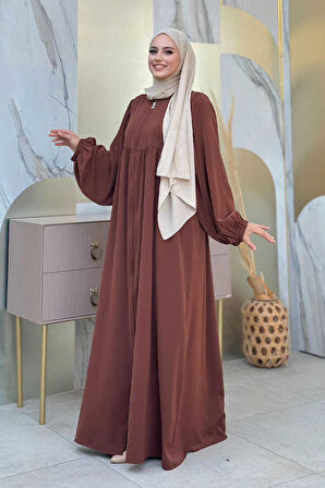 Kol Büzgü Detay Fermuarlı Salaş Ferace 6006 Kahverengi