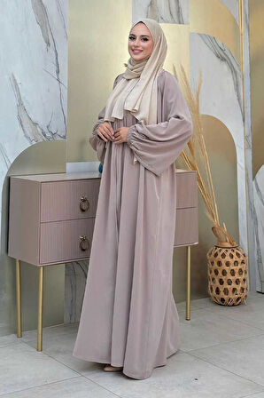 Kol Büzgü Detay Fermuarlı Salaş Ferace 6006 Vizon