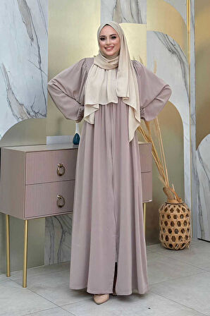 Kol Büzgü Detay Fermuarlı Salaş Ferace 6006 Vizon