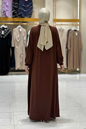 Fermuarlı Kol Manşetleri Büzgülü Mevlana Ferace 6007 Kahverengi