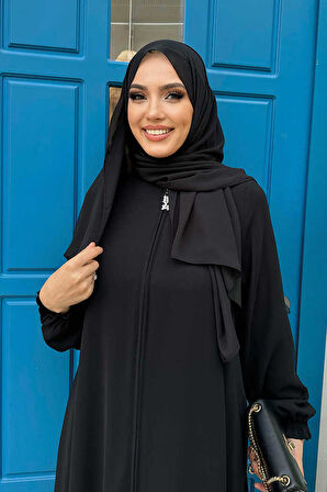 Fermuarlı Kol Manşetleri Büzgülü Mevlana Ferace 6007 Siyah