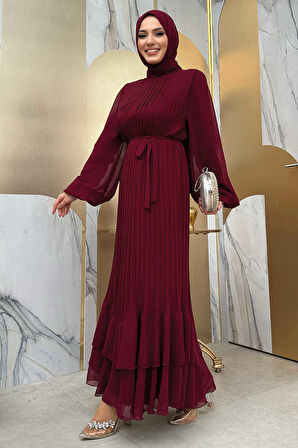 Piliseli Kat Kat Detaylı Astarlı Elbise 3836 Bordo