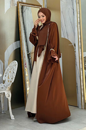 Taş İşleme Detaylı Kuşaklı Elbiseli Abaya Takım 3860 Kahverengi