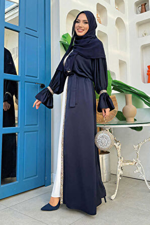 Taş İşleme Detaylı Kuşaklı Elbiseli Abaya Takım 3860 Lacivert