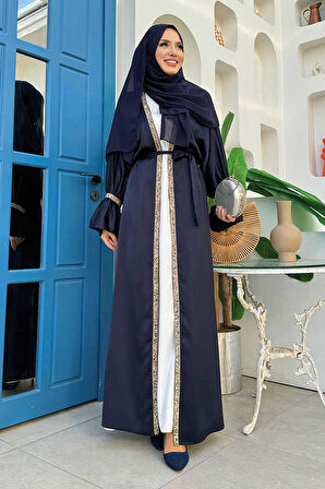Taş İşleme Detaylı Kuşaklı Elbiseli Abaya Takım 3860 Lacivert