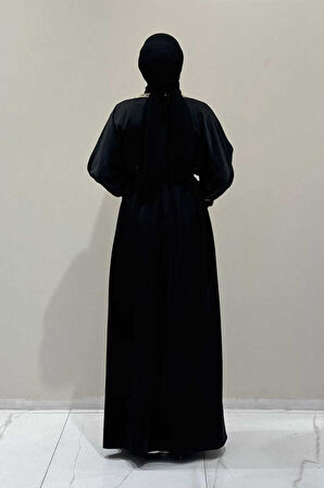 Taş İşleme Detaylı Kuşaklı Elbiseli Abaya Takım 3860 Siyah