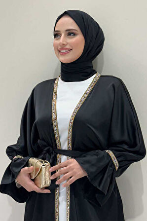 Taş İşleme Detaylı Kuşaklı Elbiseli Abaya Takım 3860 Siyah