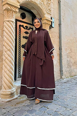 Taş İşlemeli Kat Detay Şallı Abaya 7883 Kahverengi