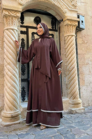 Taş İşlemeli Kat Detay Şallı Abaya 7883 Kahverengi