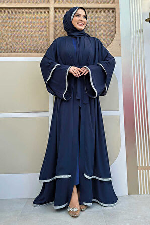 Taş İşlemeli Kat Detay Şallı Abaya 7883 Lacivert
