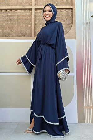 Taş İşlemeli Kat Detay Şallı Abaya 7883 Lacivert
