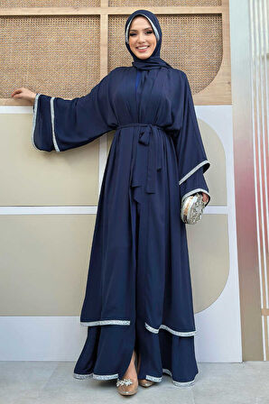 Taş İşlemeli Kat Detay Şallı Abaya 7883 Lacivert