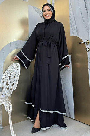 Taş İşlemeli Kat Detay Şallı Abaya 7883 Siyah