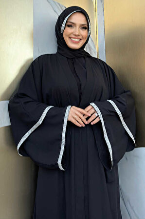 Taş İşlemeli Kat Detay Şallı Abaya 7883 Siyah