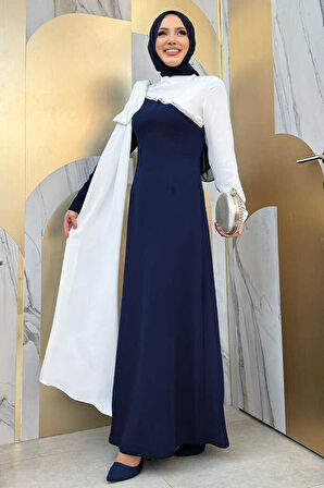 Tek Omuz Fiyonk Apoletli Çift Renk Elbise 3862 Lacivert