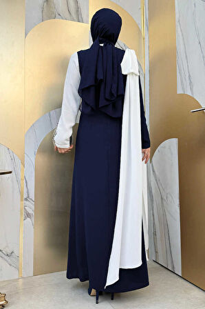 Tek Omuz Fiyonk Apoletli Çift Renk Elbise 3862 Lacivert