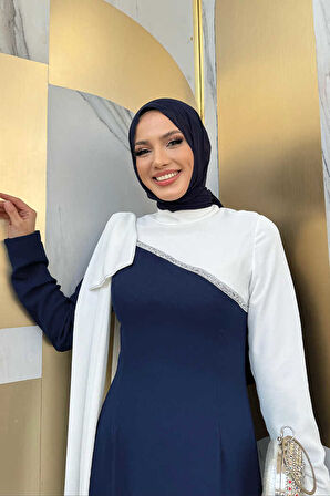 Tek Omuz Fiyonk Apoletli Çift Renk Elbise 3862 Lacivert