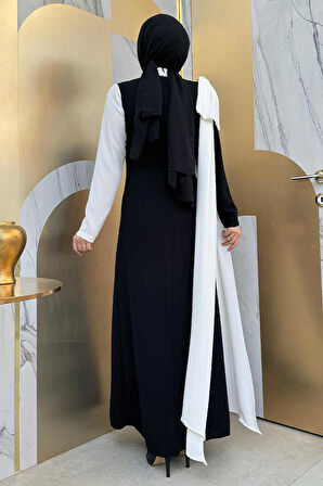 Tek Omuz Fiyonk Apoletli Çift Renk Elbise 3862 Siyah