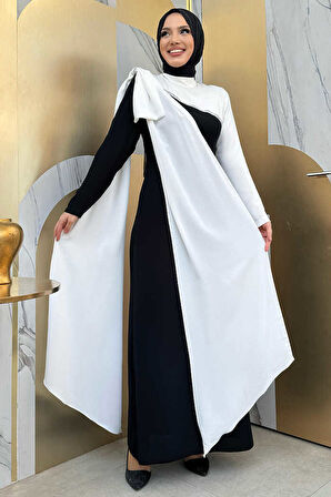 Tek Omuz Fiyonk Apoletli Çift Renk Elbise 3862 Siyah