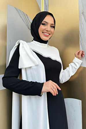 Tek Omuz Fiyonk Apoletli Çift Renk Elbise 3862 Siyah