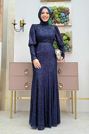 Kemer Aksesuarlı Pul Payet Balık Abiye Elbise 3858 Lacivert