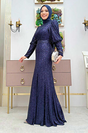 Kemer Aksesuarlı Pul Payet Balık Abiye Elbise 3858 Lacivert