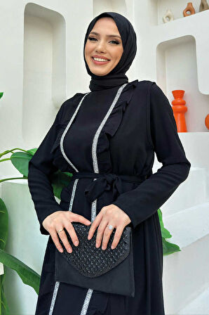 Boydan Fırfırlı Yelekli Elbise Takım 8489 Siyah