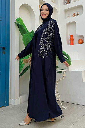 İşleme Detaylı Abaya ve Elbise Takım 8486 Lacivert