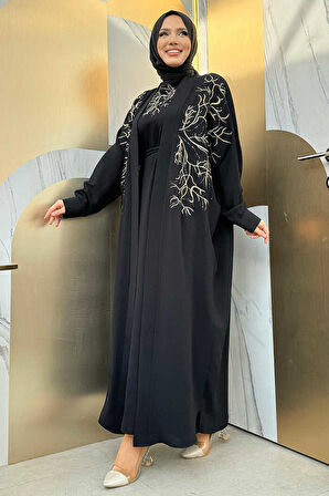 İşleme Detaylı Abaya ve Elbise Takım 8486 Siyah