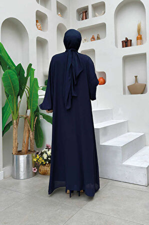 Bel Bilek Kısımları Taşlı Elbiseli Abaya Takım 8490 Lacivert